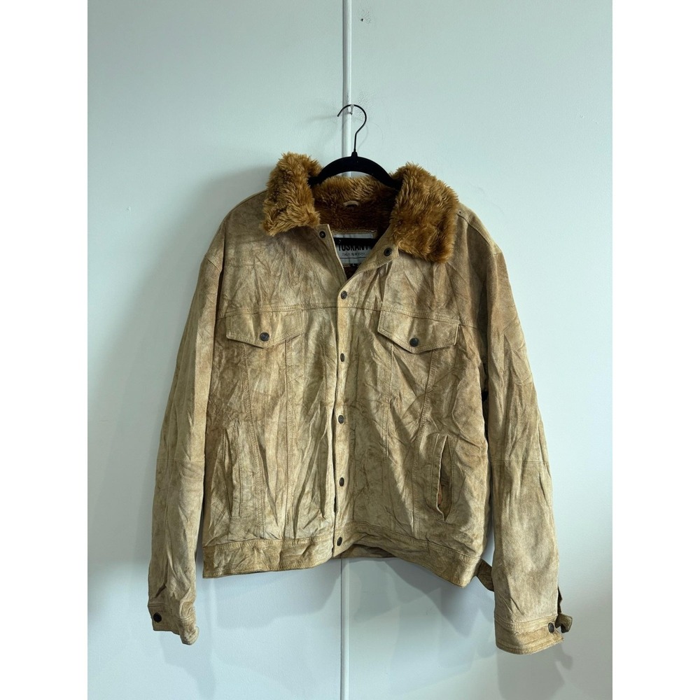 VTG Tuskany Jacket Mens Large Beige Suede Faux Fur Lined Bomber Snap Collar‎